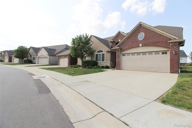 30475 Berghway Trl, Warren, MI 48092 - view of front of house featuring driveway, a garage, brick siding, and a front yard