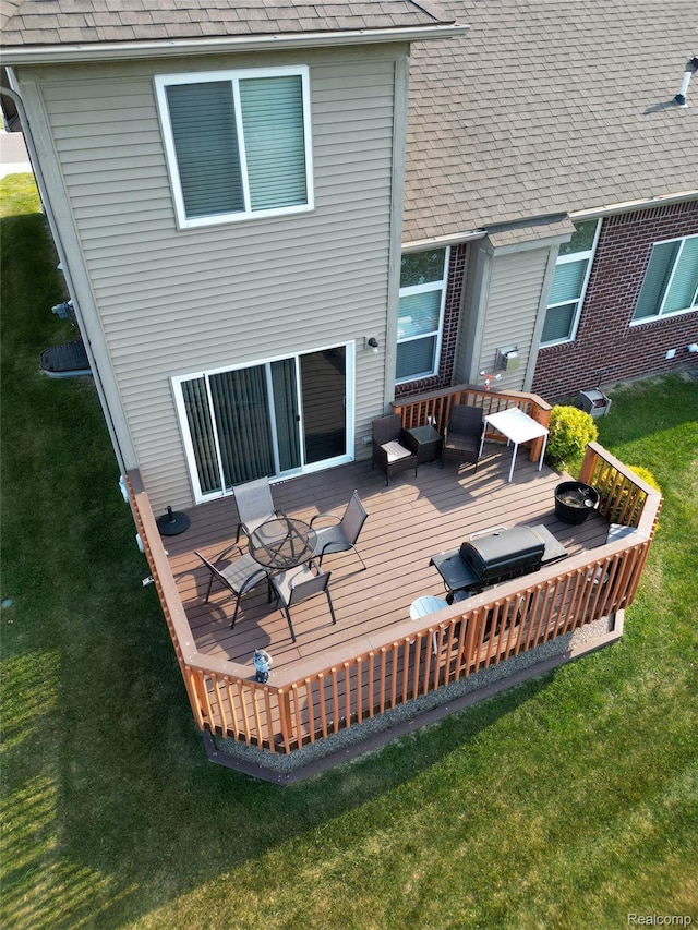 30475 Berghway Trl, Warren, MI 48092 - rear view of house featuring a shingled roof, a deck, a yard, and an outdoor living space