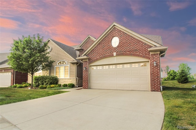 30475 Berghway Trl, Warren, MI 48092 - view of front facade with a garage, concrete driveway, a front lawn, and stone siding