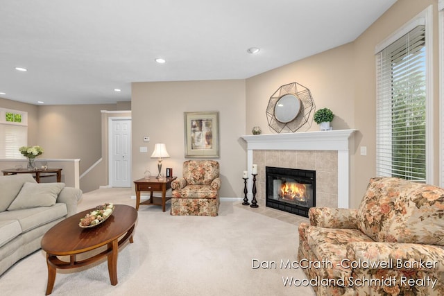 1809 Woodside Trl NW, Grand Rapids, MI 49504 - carpeted living room featuring a fireplace and recessed lighting
