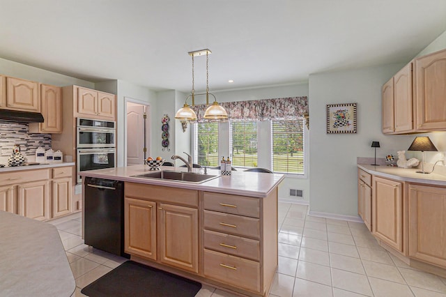 49202 Cheshire Ln, Canton, MI 48187 - kitchen with black dishwasher, light brown cabinetry, double oven, and light tile patterned floors