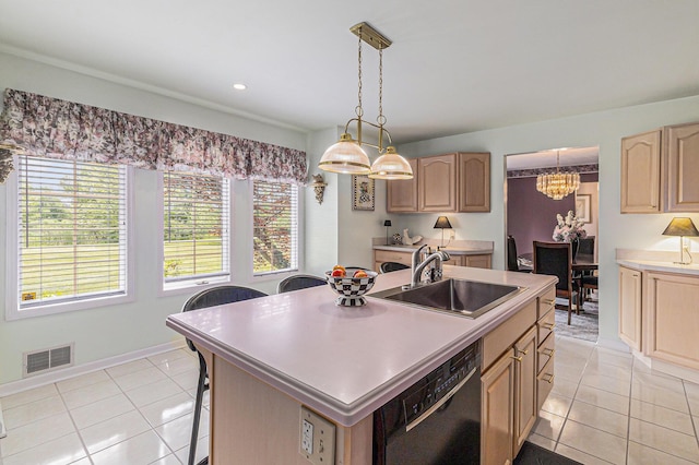 49202 Cheshire Ln, Canton, MI 48187 - kitchen featuring dishwasher, light tile patterned flooring, a chandelier, light brown cabinets, and a kitchen island with sink