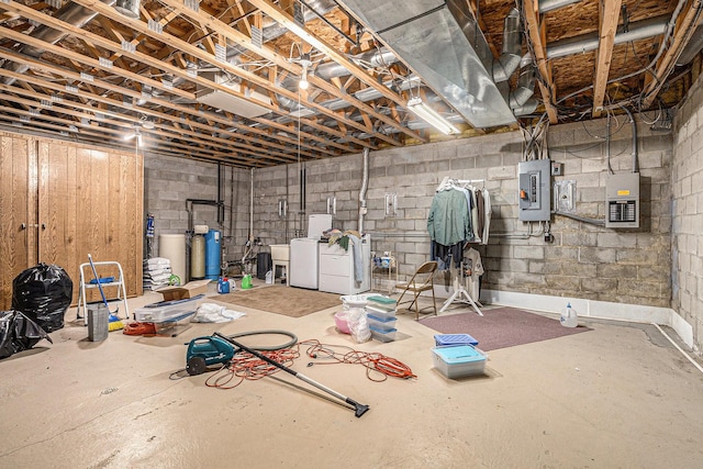 49202 Cheshire Ln, Canton, MI 48187 - unfinished below grade area with separate washer and dryer, electric panel, concrete block wall, and a water softener
