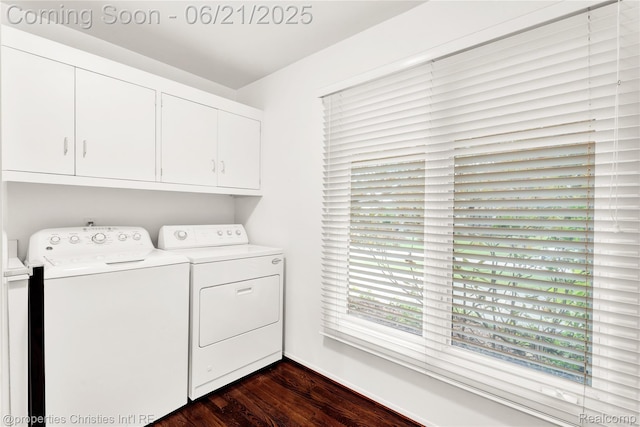 4768 Wendrick Dr, West Bloomfield, MI 48323 - laundry room featuring washing machine and dryer, cabinet space, and dark wood finished floors