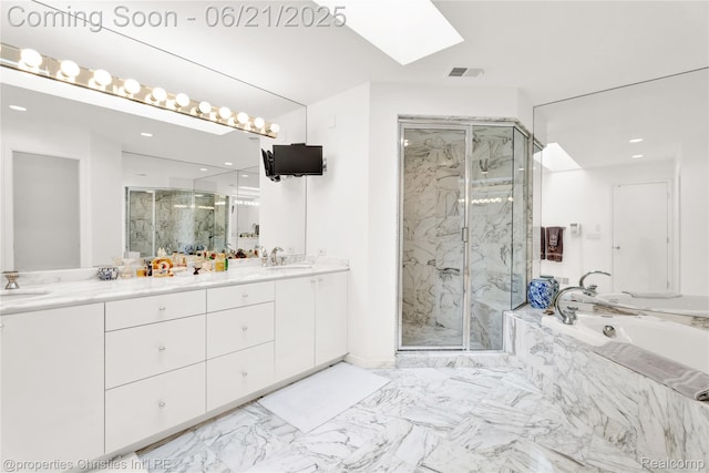 4768 Wendrick Dr, West Bloomfield, MI 48323 - full bathroom with a marble finish shower, a bath, double vanity, a skylight, and marble finish flooring