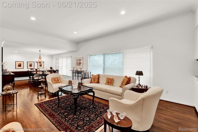 4768 Wendrick Dr, West Bloomfield, MI 48323 - living area featuring dark wood finished floors, recessed lighting, and a chandelier