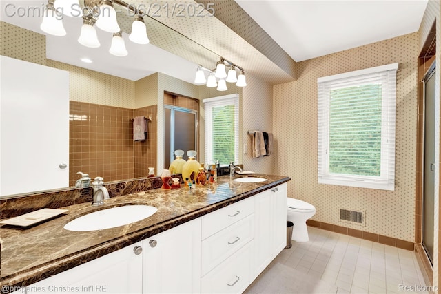 4768 Wendrick Dr, West Bloomfield, MI 48323 - full bathroom with wallpapered walls, a stall shower, double vanity, healthy amount of natural light, and tile patterned floors