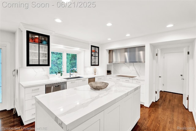 4768 Wendrick Dr, West Bloomfield, MI 48323 - kitchen featuring dishwasher, backsplash, recessed lighting, white cabinetry, and dark wood-type flooring