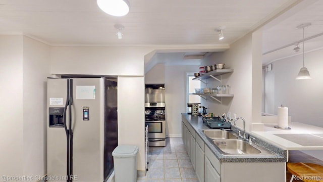 4751 Trumbull St, Detroit, MI 48208 - kitchen featuring stainless steel appliances, rail lighting, light tile patterned floors, white cabinets, and open shelves