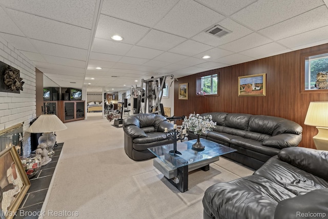 130 Endicott Rd, Bloomfield Hills, MI 48304 - carpeted living area featuring wood walls and a paneled ceiling