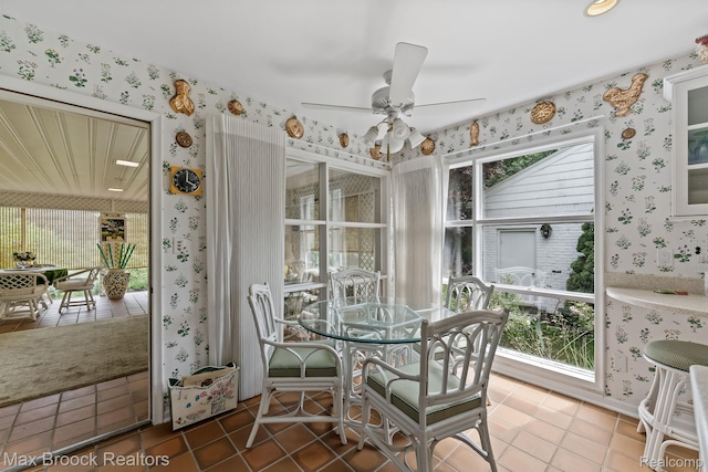 130 Endicott Rd, Bloomfield Hills, MI 48304 - dining room with wallpapered walls, a ceiling fan, and tile patterned floors