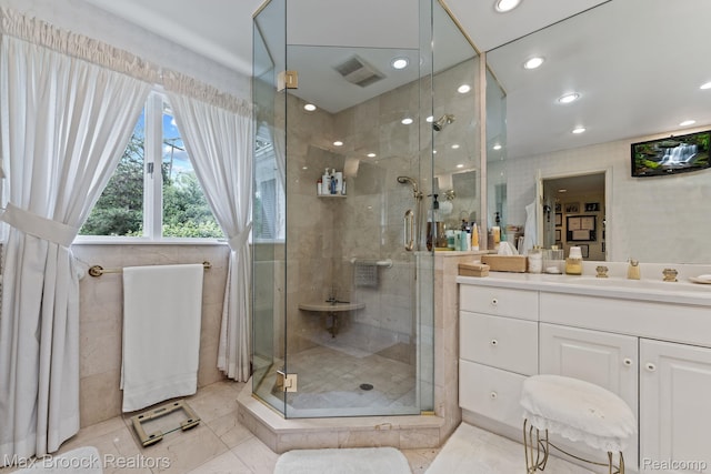 130 Endicott Rd, Bloomfield Hills, MI 48304 - full bathroom with vanity, a stall shower, and recessed lighting