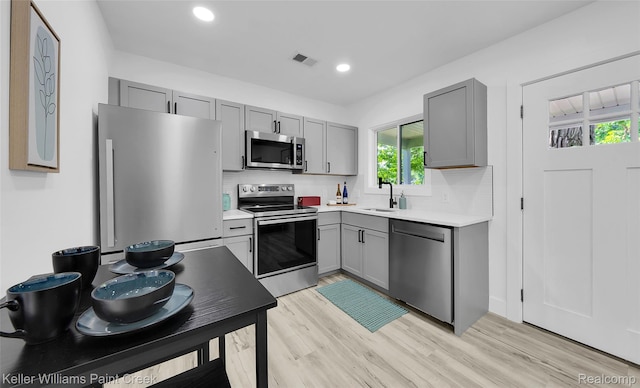 1641 Silman St, Ferndale, MI 48220 - kitchen featuring stainless steel appliances, gray cabinetry, light wood finished floors, decorative backsplash, and light countertops