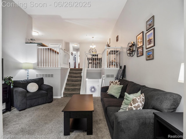 3991 Forester Blvd, Auburn Hills, MI 48326 - carpeted living area with stairs and a chandelier