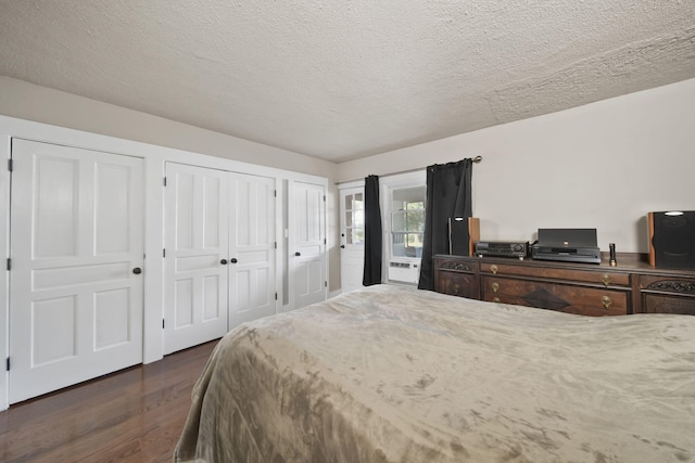 1302 Lansing Ave, Jackson, MI 49202 - bedroom featuring dark wood-style floors, two closets, and a textured ceiling