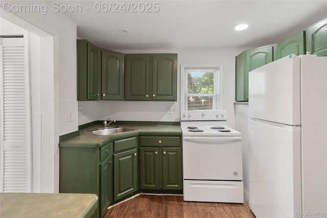 2814 Crooks Rd, Royal Oak, MI 48073 - kitchen featuring white appliances, green cabinets, and dark wood-style flooring