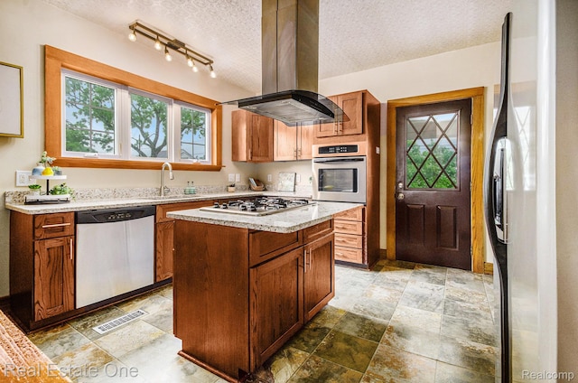 22500 Boulder Ave, Eastpointe, MI 48021 - kitchen with stainless steel appliances, island range hood, a textured ceiling, a center island, and light stone counters