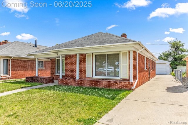 5944 Hubbell St, Dearborn Heights, MI 48127 - view of front of property featuring brick siding, a chimney, a front lawn, an outbuilding, and roof with shingles
