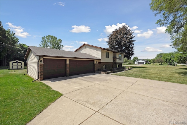 3395 W Maple Rd, Wixom, MI 48393 - view of front of property featuring an attached garage, concrete driveway, brick siding, a front lawn, and a storage unit