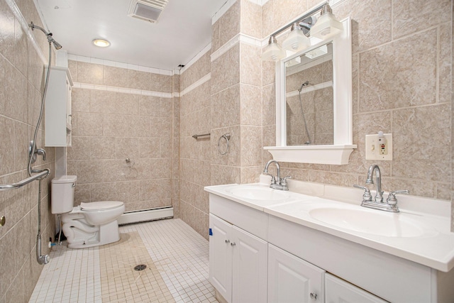 11303 W Dr N, Bellevue, MI 49021 - full bathroom with tile walls, a baseboard heating unit, double vanity, a tile shower, and tile patterned flooring