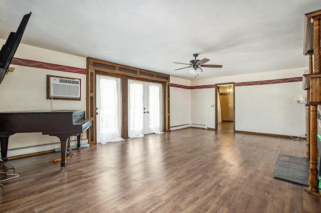 11303 W Dr N, Bellevue, MI 49021 - unfurnished living room featuring baseboard heating, ceiling fan, an AC wall unit, and dark wood-style floors