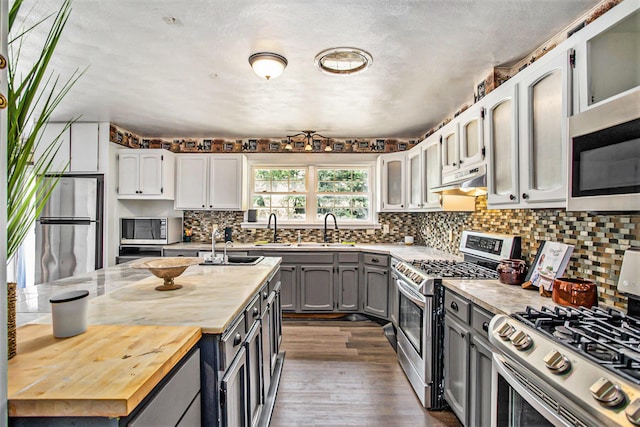 11303 W Dr N, Bellevue, MI 49021 - kitchen featuring appliances with stainless steel finishes, under cabinet range hood, butcher block countertops, backsplash, and dark wood-style floors