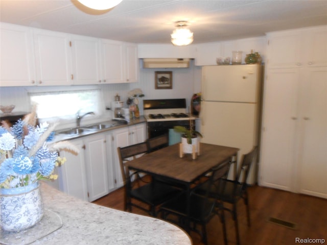 626 Barefoot Ln, Port Sanilac, MI 48469 - kitchen featuring white appliances, white cabinetry, dark wood-style flooring, and light countertops
