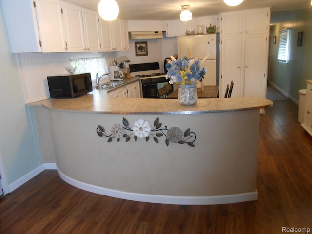 626 Barefoot Ln, Port Sanilac, MI 48469 - kitchen featuring black microwave, range with gas stovetop, under cabinet range hood, and dark wood-type flooring