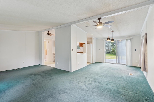 4150 Buzzell Rd, Gladwin, MI 48624 - unfurnished living room featuring a ceiling fan, a textured ceiling, carpet flooring, and lofted ceiling