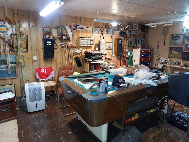 420 N 14th St, Niles, MI 49120 - home office with wooden walls, a workshop area, tile patterned floors, and a drop ceiling