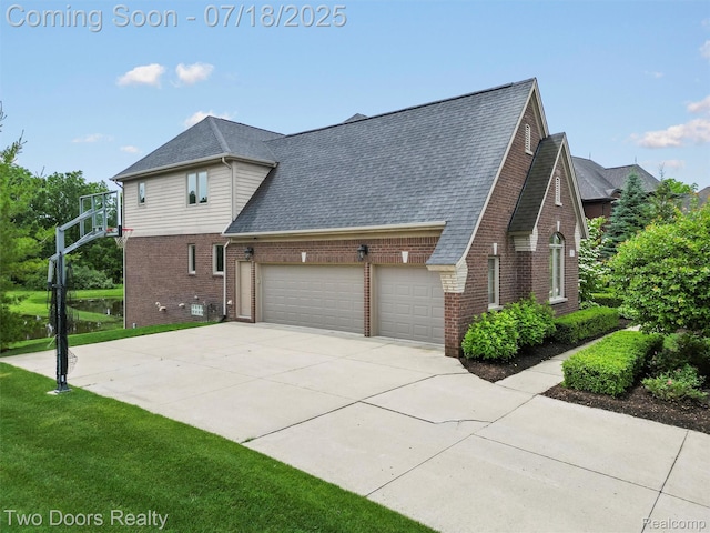 3551 Royal Berkshire Ln, Oakland, MI 48363 - view of side of property featuring brick siding, a garage, a shingled roof, concrete driveway, and a lawn