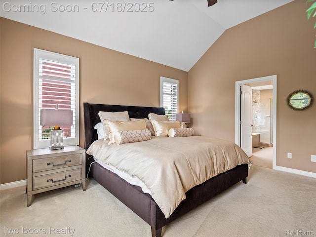 3551 Royal Berkshire Ln, Oakland, MI 48363 - bedroom with light colored carpet, lofted ceiling, ensuite bath, and ceiling fan