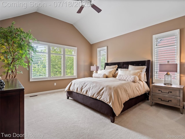 3551 Royal Berkshire Ln, Oakland, MI 48363 - bedroom featuring light colored carpet, vaulted ceiling, and ceiling fan