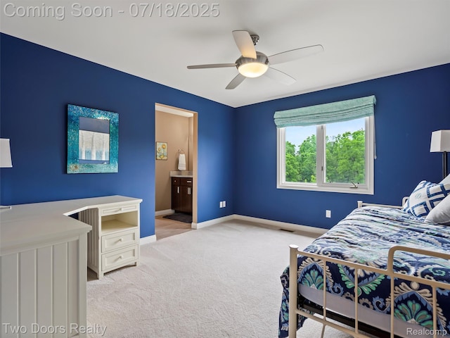 3551 Royal Berkshire Ln, Oakland, MI 48363 - bedroom with light colored carpet, a ceiling fan, and ensuite bath
