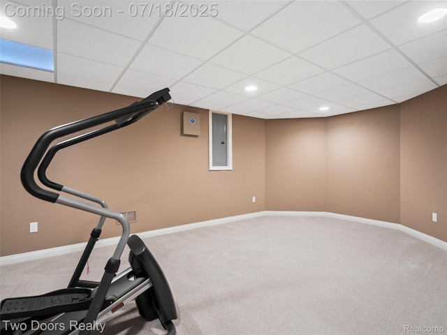 3551 Royal Berkshire Ln, Oakland, MI 48363 - exercise room featuring carpet floors, a paneled ceiling, recessed lighting, and electric panel