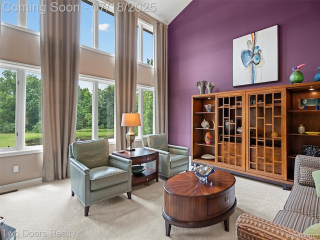 3551 Royal Berkshire Ln, Oakland, MI 48363 - living area featuring carpet and high vaulted ceiling