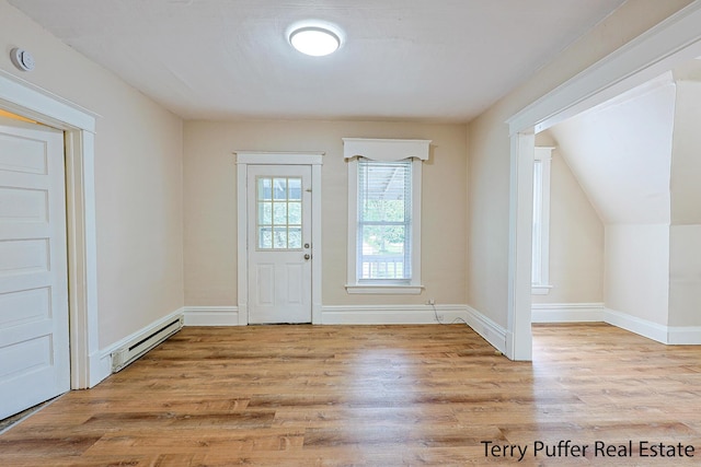 2550 Crozier Ave, Muskegon, MI 49441 - doorway to outside featuring a baseboard radiator and wood finished floors