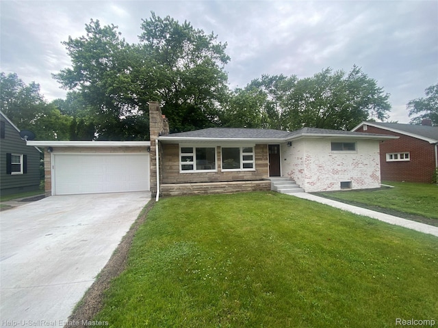 2705 Stone St, Port Huron, MI 48060 - view of front facade featuring a garage, driveway, a chimney, a front yard, and stone siding