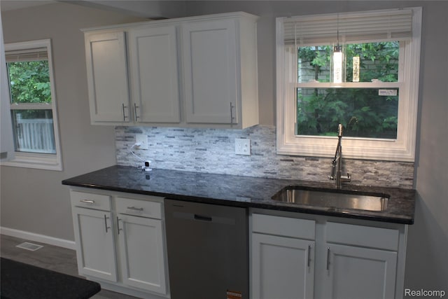 20153 Hartwell St, Detroit, MI 48235 - kitchen with dishwasher, decorative backsplash, white cabinetry, and dark stone countertops