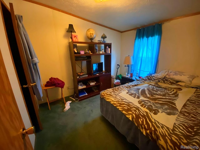 5424 Hughes Rd, Lansing, MI 48911 - bedroom featuring carpet flooring, crown molding, a textured ceiling, and lofted ceiling