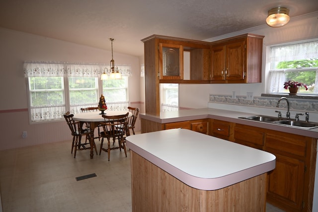 4105 Sawgrass Trl, Muskegon, MI 49442 - kitchen featuring brown cabinetry, light countertops, plenty of natural light, and vaulted ceiling