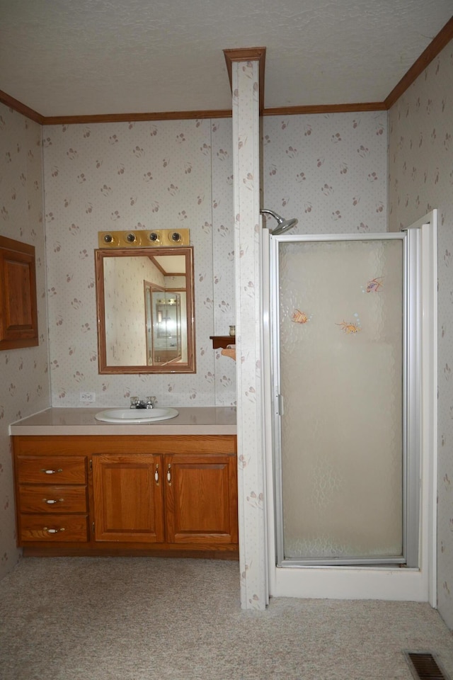 4105 Sawgrass Trl, Muskegon, MI 49442 - bathroom with ornamental molding, wallpapered walls, a shower stall, and vanity