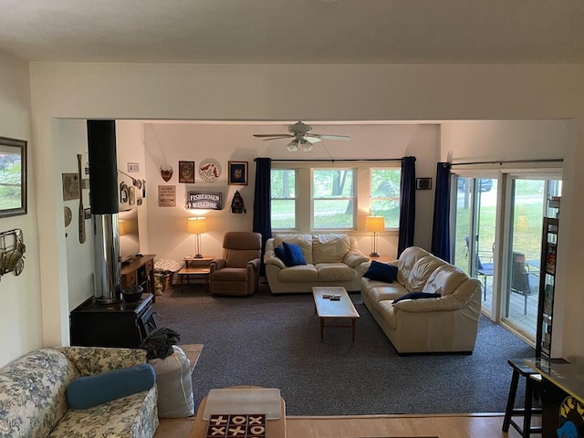 9810 E School Section Lake Dr, Mecosta, MI 49332 - living room with wood finished floors and a ceiling fan