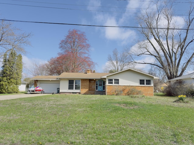 1358 Neece Dr, Norton Shores, MI 49441 - ranch-style home featuring concrete driveway, brick siding, an attached garage, a chimney, and a front lawn