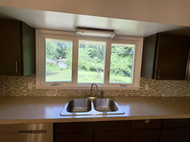 1358 Neece Dr, Norton Shores, MI 49441 - kitchen with dishwashing machine, decorative backsplash, dark brown cabinetry, a wall mounted air conditioner, and light countertops