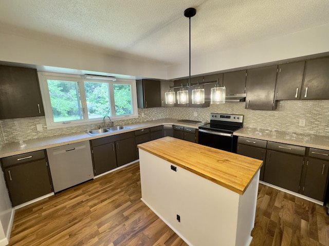 1358 Neece Dr, Norton Shores, MI 49441 - kitchen featuring electric range oven, dishwasher, wood counters, dark wood-style flooring, and a textured ceiling