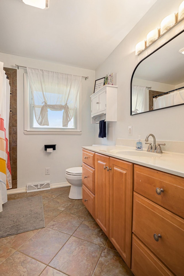 8565 Rives Junction Rd, Rives Junction, MI 49277 - bathroom with vanity, lofted ceiling, a shower with curtain, and stone finish flooring
