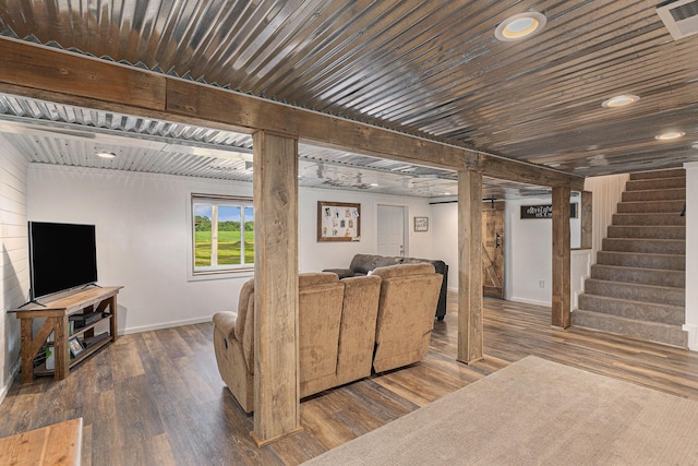 8565 Rives Junction Rd, Rives Junction, MI 49277 - living room with wood finished floors, stairs, recessed lighting, and wood ceiling