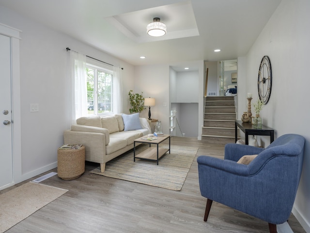 520 Della St, Portage, MI 49002 - living room with stairway, wood finished floors, and recessed lighting