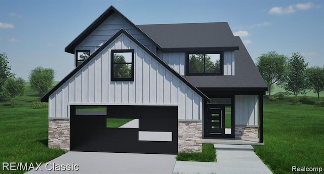 3482 Ponemah Dr, Fenton, MI 48430 - modern farmhouse style home featuring board and batten siding, stone siding, concrete driveway, and a front lawn